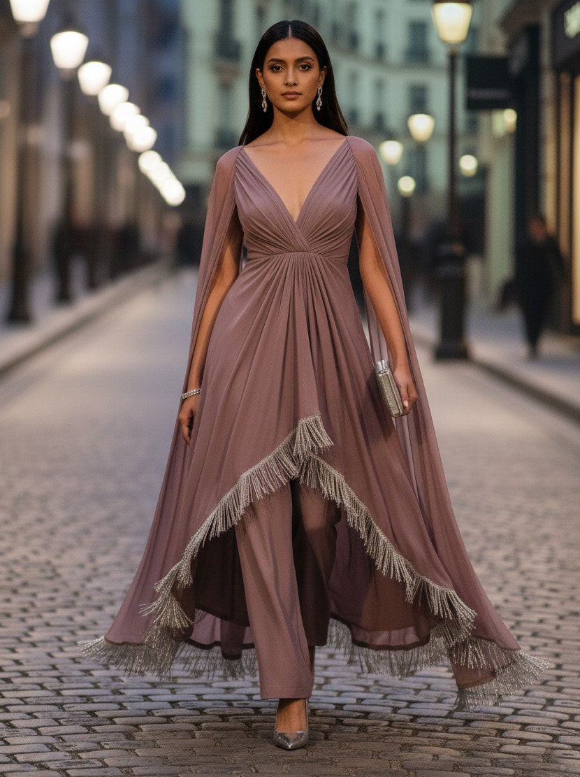 Model in a mauve high-low fringed cape-style dress with matching trousers on cobblestone